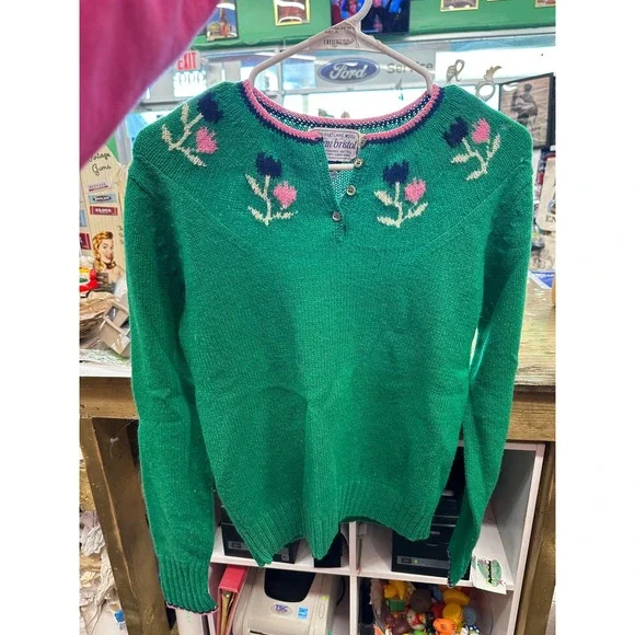 Vintage Susan Bristol Green with Flowers Sweater - Picture 1 of 6
